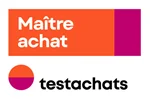 Logo van Test Aankoop, met de tekst Maître achat en testachats in oranje en paarse kleuren.