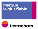 Logo 'Testaankoop Meest Betrouwbare Merk' met de tekst 'Marque la plus fiable' en het Testachats-logo eronder.