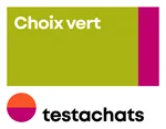 Groen keuzelogo van Test Aankoop, met tekst "Choix vert" op een groene achtergrond en een oranje-paars 'testachats'-logo.