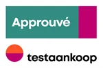 Logo van Test Aankoop met de tekst "goedgekeurd" en het logo van Test Aankoop: een rode en oranje cirkel naast 'testaankoop'.