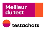 Logo van Test Aankoop met de tekst "Beste uit de test" in het Frans met een paars en oranje kleurenschema.