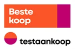 Logo van Test Aankoop, met de tekst 'Beste koop' in oranje en 'testaankoop' in een oranje en paarse cirkel.