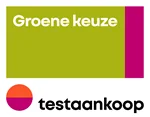 Logo van Test Aankoop met de tekst 'Groene Keuze' op een groene achtergrond met een roze balk aan de rechterkant.