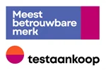 Meest betrouwbare merk en Test Aankoop logo, roze en paarse kleuren.